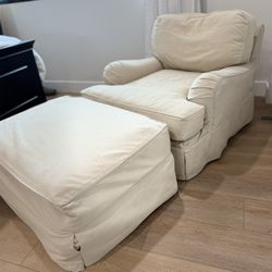 RH English Roll Arm Slipcovered Chair And Ottoman