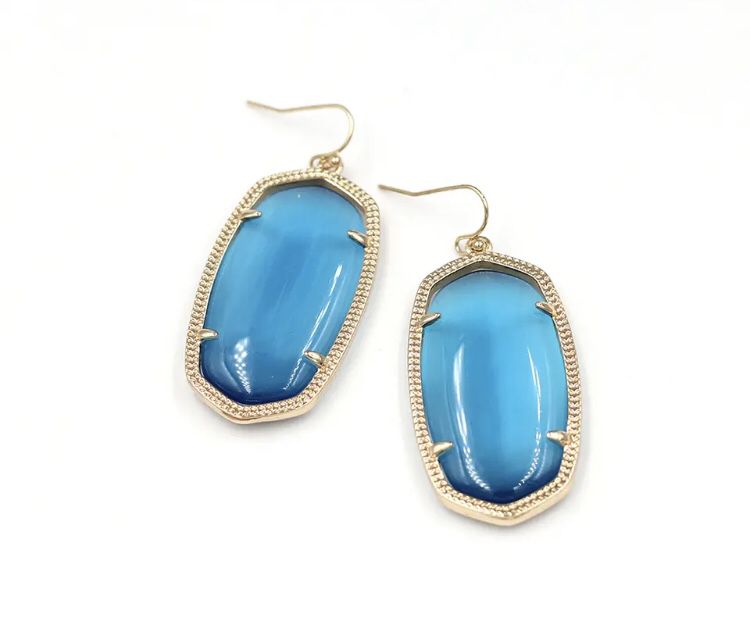 large 14k Gold plated Blue hexagon oval dangle statement earrings