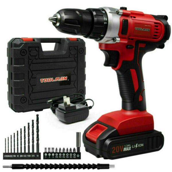 (2 Battery) Toolman 3/8' Cordless Brushless Drill, Power Drill Driller Set, Lithium-Ion Power Drill