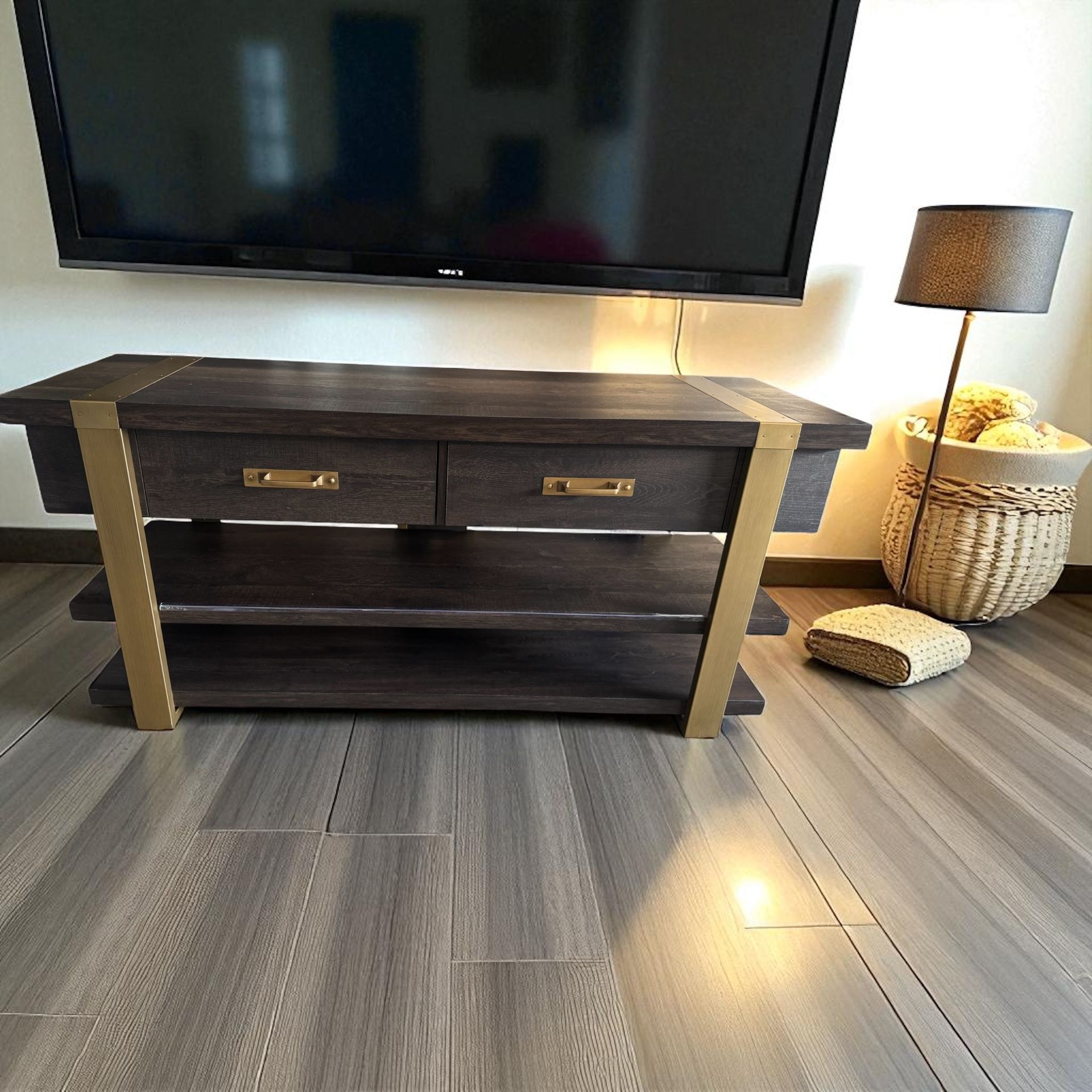 Wood And Gold Tv Stand With Shelves