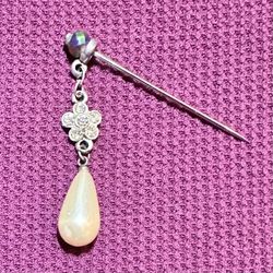 Steel Silver Tone Crystal Flower & Dangle Tear Drop Pearl Hijab Pin w/ Bluish Purple Top Wedding Party
