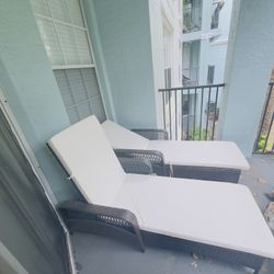 2 Outdoor Metal Chaise Lounge, Cushions And Chair Covers Included(not Shown) (Used Once)