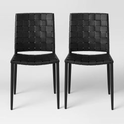 Pair Of Black Leather woven Dining Chairs