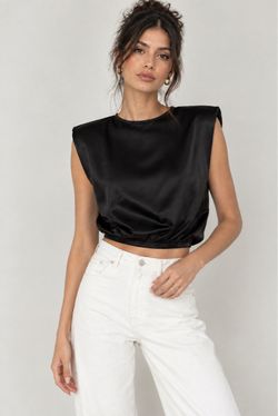 Zara Black Satin Crop Top with Shoulder Pads