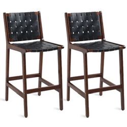 Wooden Set of 2 Modern Bar Stool with PU Leather Woven Straps Seat & Open Back Walnut Wood Color Bar Chairs with Footrest for Home Bar/Dining Room/Kit