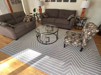 Complete Living Room Set - Sofa, Loveseat, Accent Chair, Glass Tables & Lamps