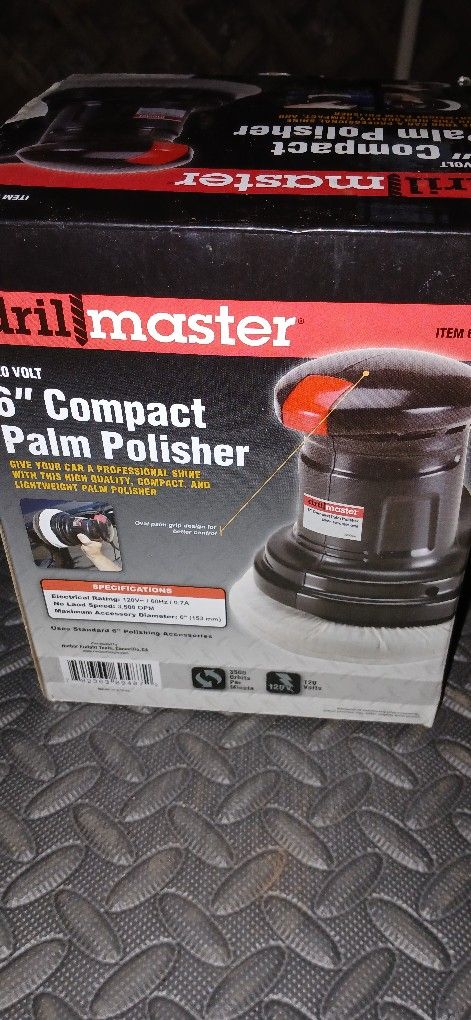 NEW 'DRILL MASTER' 120V 6" COMPACT PALM POLISHER WITH ICLUDED MICROFIBER CLOTHS/5-6" TERRY BONNET CLOTHS