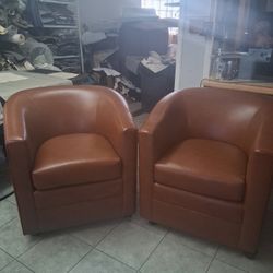 Pair Of Brown Vinyl Club Chairs 