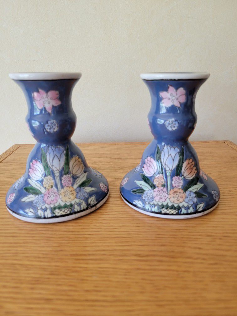 Vintage Pair of Ceramic Hand Painted Candlestick Holders