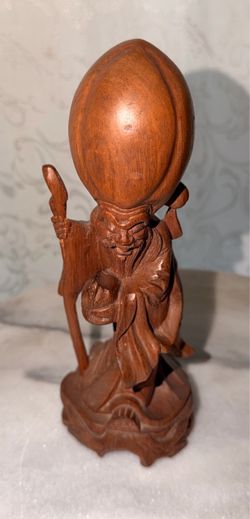 Vintage Hand-Carved Wooden Statue of Longevity
