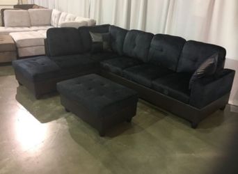 Brand New Midnight Microfiber Sectional With Storage Ottoman & 2 Decorative Pillows