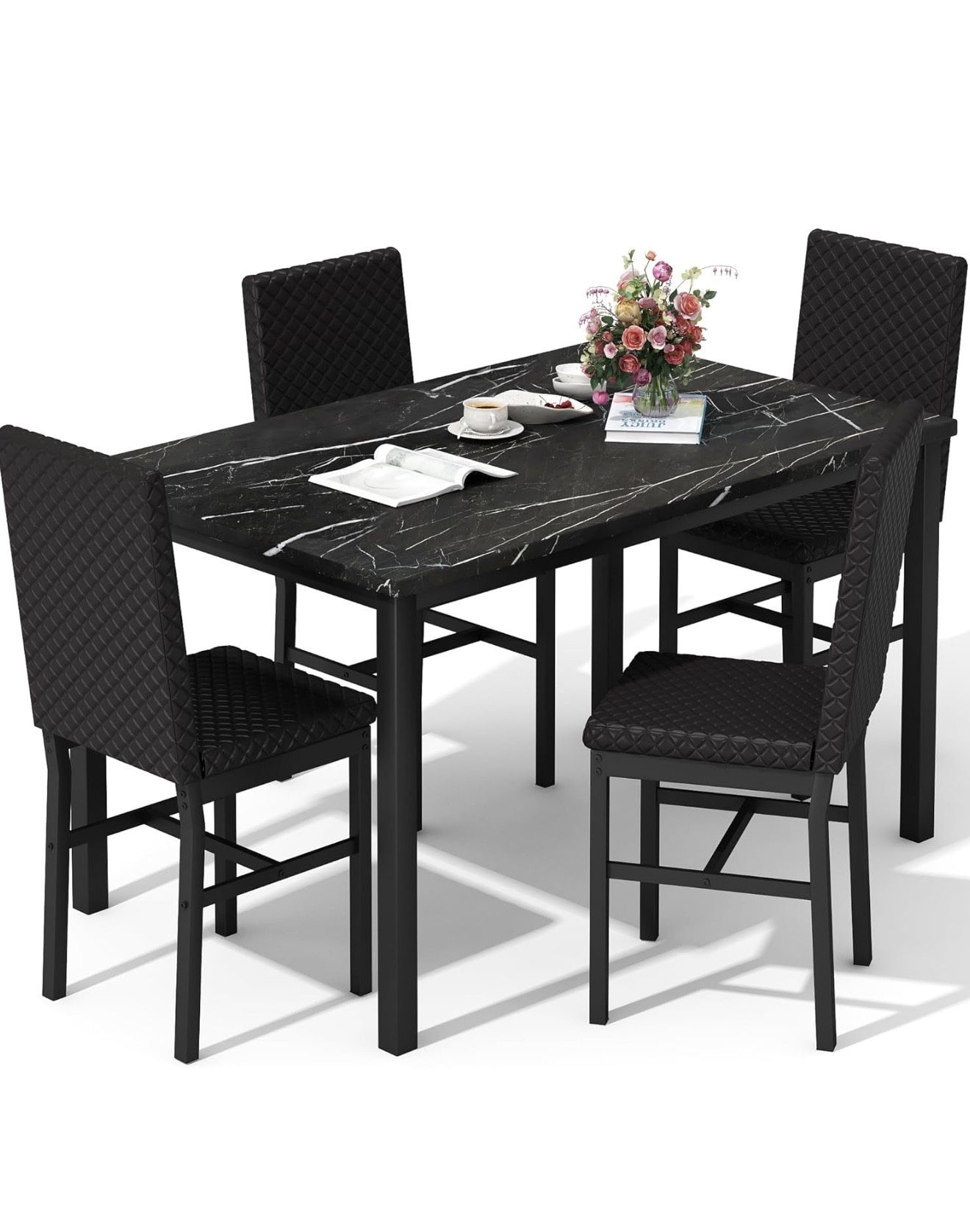 DKLGG Dining Table Set for 4 Kitchen Table and Chairs Set of 4 Faux Marble Kitchen and Dining with Velvet Upholstered Dinner Chairs for Small Space Ap