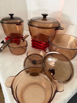 Vintagew Corning Visions Glass Cookware Visionware Amber Brown 11 Pieces Visions Saucepans Skillets
