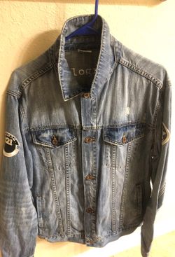 Kilogram denim jacket with two patches one we support the other has 121 kg KG 88 patch in very good condition size large light distress denim.
