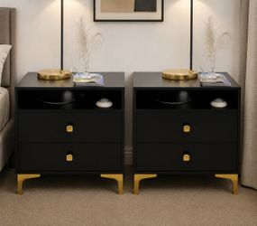 Set of 2 black nightstands with wireless charging station & 2 drawer & open shelf for storage