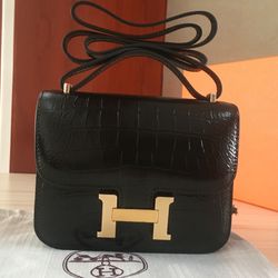 Black Hermes Constance Bag Shiny Leather Bag