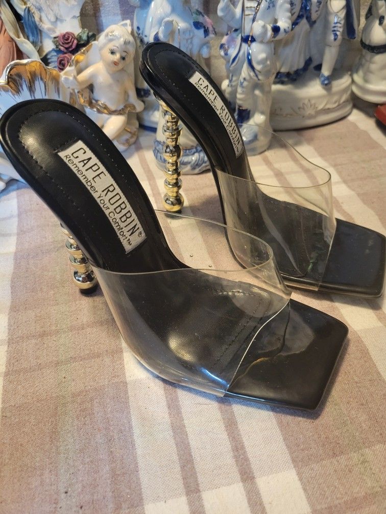 Black And Gold Open Toe High Heel Shoes For Women