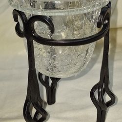 Crackle Glass Candle Holder With Metal Stand L5V036