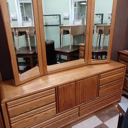 Oak Dresser With Jewelry Armoire In Mirror 