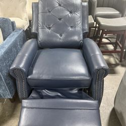 Navy Blue Genuine Leather Recliner 