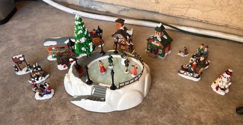 Vintage 1995 Mr. Christmas "Holiday Skaters" Set + Large Porcelain Village Lot! EXCELLENT Working