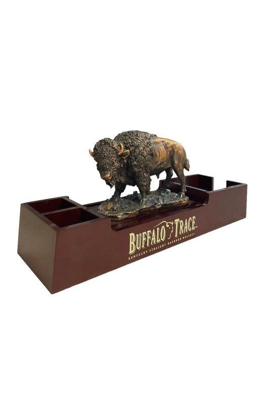 VINTAGE RARE BUFFALO TRACE Wood & Bronze Bar Napkin Caddy Straw Holder Bourbon.