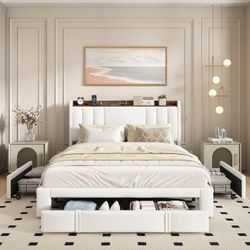 Queen Size Duvet Cover Sets, Bed Frame with USB Full Size Storage Headboard with 4 Drawers