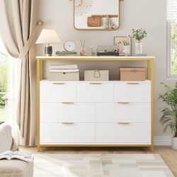Modern 7 Drawer Dresser, White Dresser with Metal Handles, Tall Chest of Drawers, Large Capacity Chest Storage Organizer for Living Room, Entryway, Wh