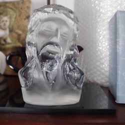 VINTAGE VIKING GLASS JESUS CHRIST BUST FROSTED CLEAR RELIGIOUS STATUE SCULPTURE 
