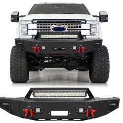 Heavy Duty Front Bumper Replacement for 2017-2022 F250 F350 F450 Super Duty, with Winch Plate, 5x LED Lights & D-Rings | Textured Black Steel Off-Road