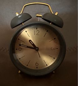 Retro Matte Black & Gold Twin Bell Alarm Clock - 6" Tall