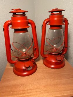 Pair of Texsport Orange Kerosene Hurricane Lanterns - Vintage Camping Style