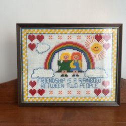 Vintage Needlepoint Framed Friendship Decoration just under 15” x 12”