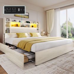 History *PARTIAL SET* DWVO King Size Bed Frame With Bookcase Headboard And 4 Storage Drawers, RGB LED Bed Frame With Type-C & USB Charging Station Sto
