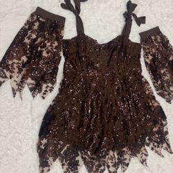 New 1xl brown sequin short dress festival rave goth boho arm sleeve beaded min
