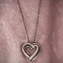 Signed H 925 Sterling Silver Double Heart CZ Pendant & BGE 925 Chain Necklace