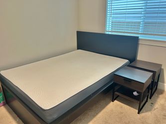 Ikea queen bed with mattress and two matching nightstands
