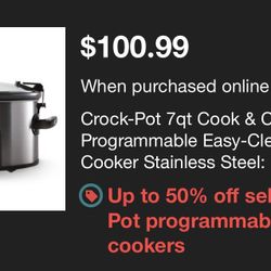 Crock-Pot 7qt Cook & Carry Programmable Easy-Clean Slow Cooker Stainless Steel: 3 Settings