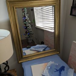 Hand Painted Gold, Wood Frame Mirror, With Beveled Edge.