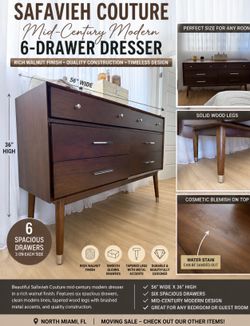 Safavieh Couture Mid-Century Modern Walnut 6-Drawer Dresser – 56”