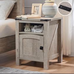 New Barn Door Collection 18" Side Table in Light Rustic Oak  1 Farmhouse Nightstand – Charging Station & End Table  Brand new in box - Assembly is req