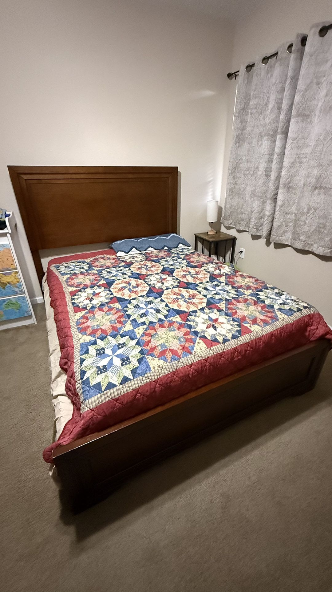 Bedroom Set - Queen Bed frame, Dresser, Mirror, Mattress 