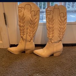 Cream Leather Knee High Cowboy Boots Suede Inside