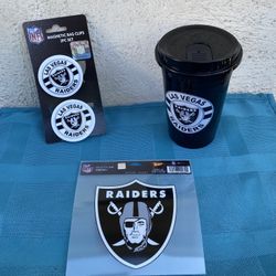 NFL Raiders Coffee Cup, Bag Clips And Decal Set.