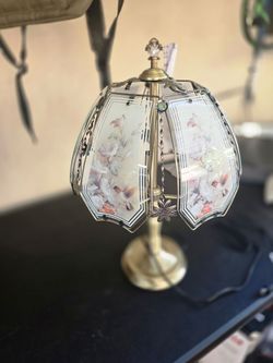 Vintage Brass Table Lamp with Floral Glass Panels