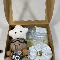 Cute Gift Box Set – Plush Bear & Star Keychain + Scrunchies & Hair Accessories