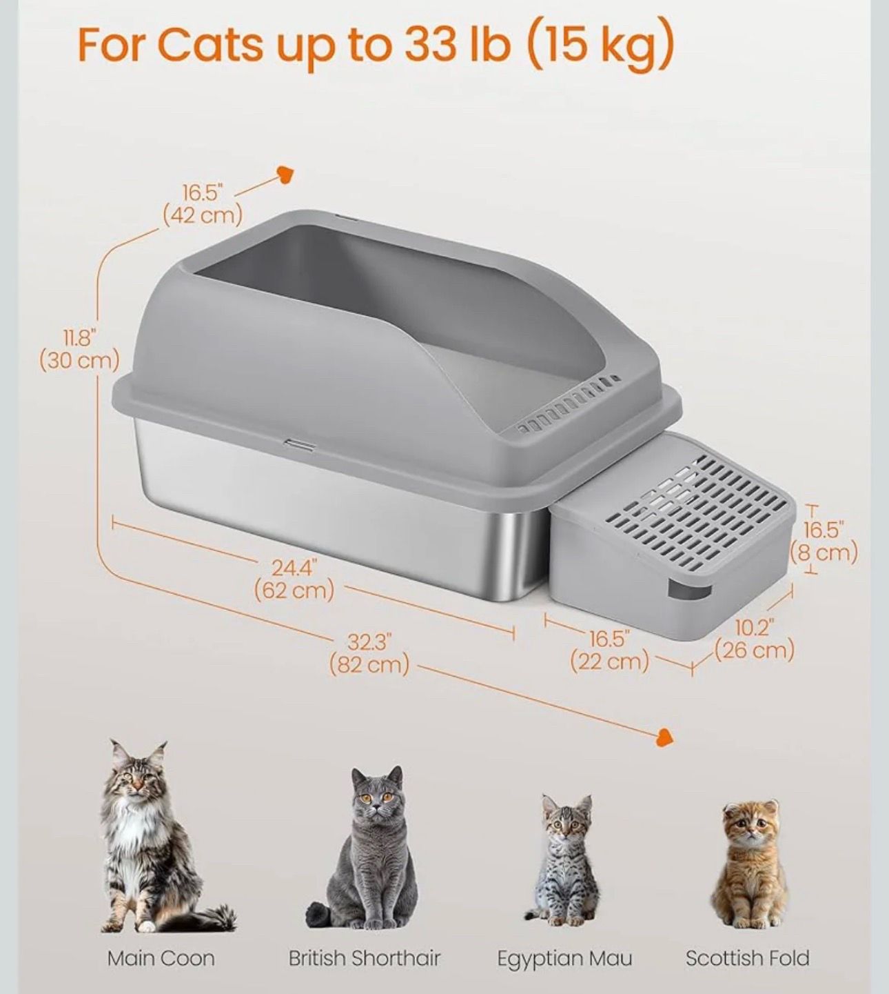 Feandrea Stainless Steel Cat Litter Box w/ Open Top High Sided Litter Tray w/ Step - Gray
