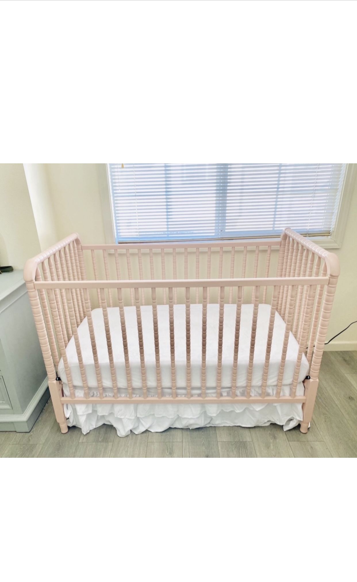 Crib (dusty pink color) and super cozy dual sided mattress 