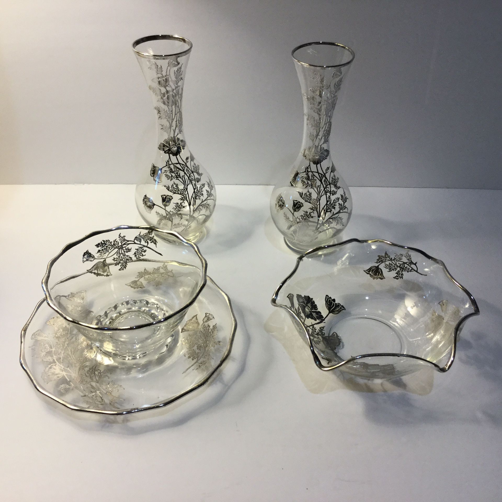 5 Pieces Of Vintage Silver Overlay Glassware