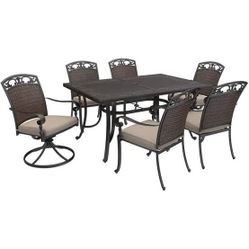 Wilshire Heights 7-Piece Cushioned Cast and Woven Back All Aluminum Outdoor Dining Set with SunBrella Bliss Sand Cushion Store SKU # 100